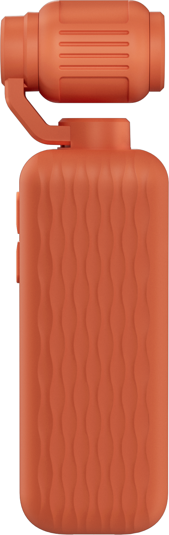 Une caméra  à main orange avec un cardan intégré sur fond noir.