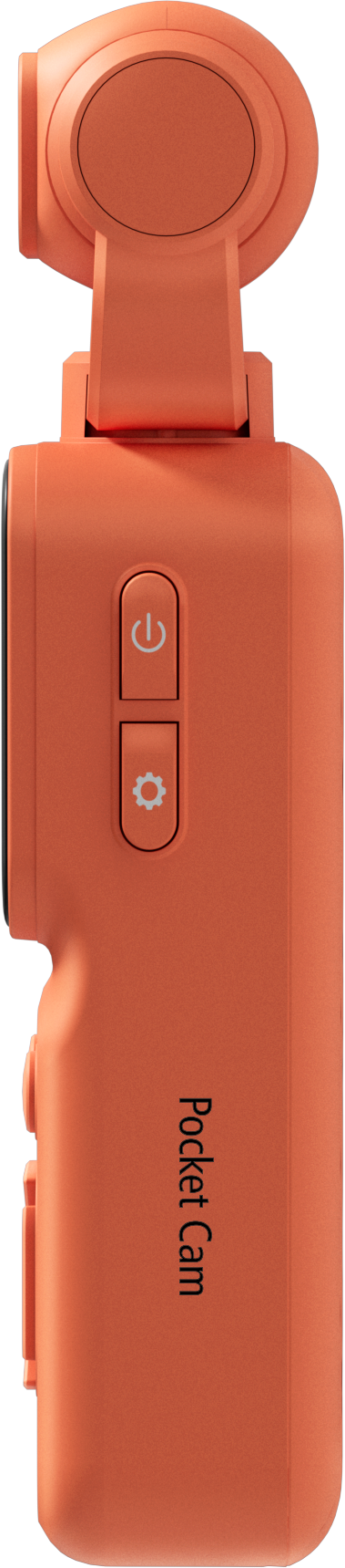 Une caméra de poche orange avec deux boutons sur fond noir.