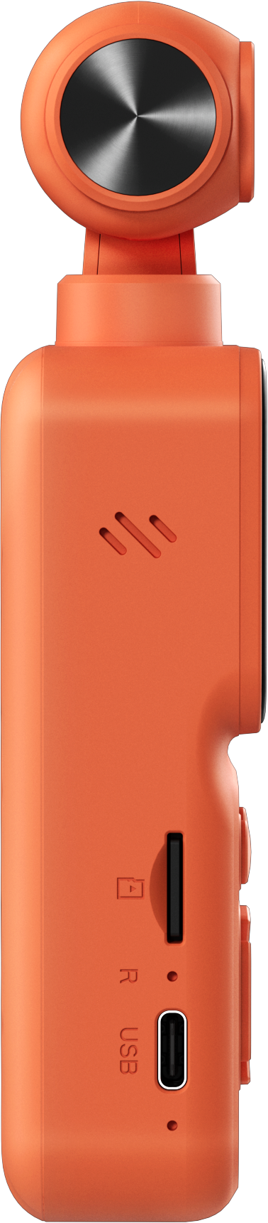 Une caméra d'action orange présente son profil latéral avec un emplacement micro SD et un port USB-C.
