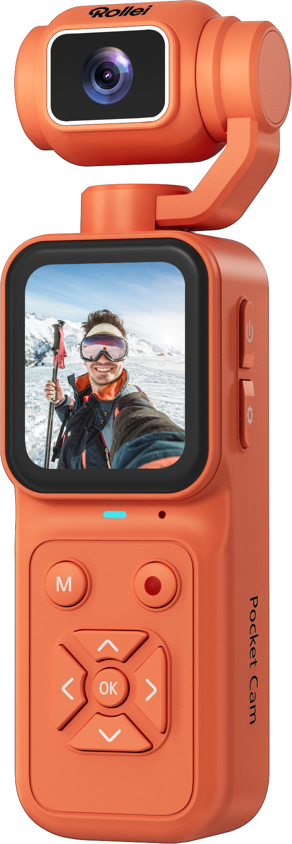 Une caméra de poche orange avec écran affichant un skieur dans des montagnes enneigées.