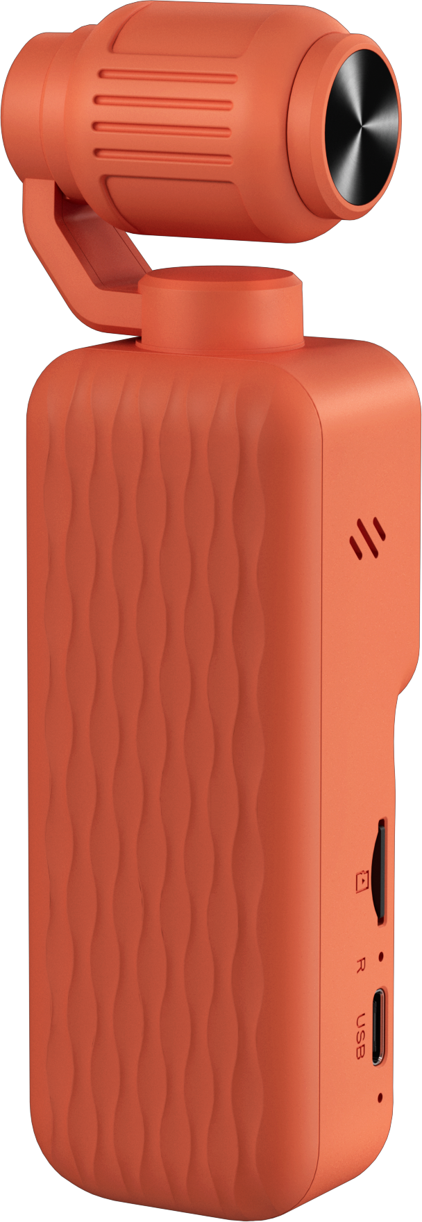 Une caméra à main orange avec un stabilisateur intégré sur un fond noir.