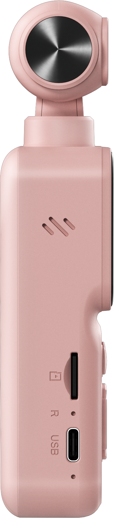 Vue latérale d'une caméra à main rose avec un cardan intégré, un port USB-C et un lecteur de carte SD sur fond noir.