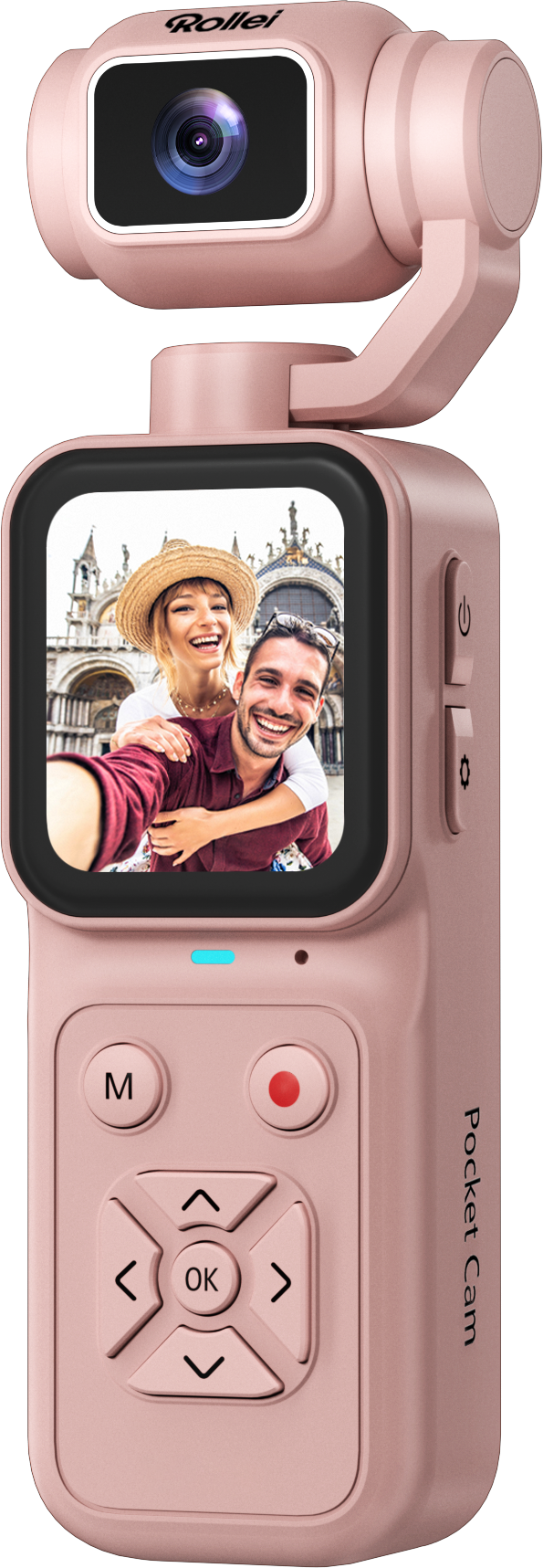 Une caméra de poche Rollei rose affiche le selfie d'un couple souriant devant un bâtiment historique.