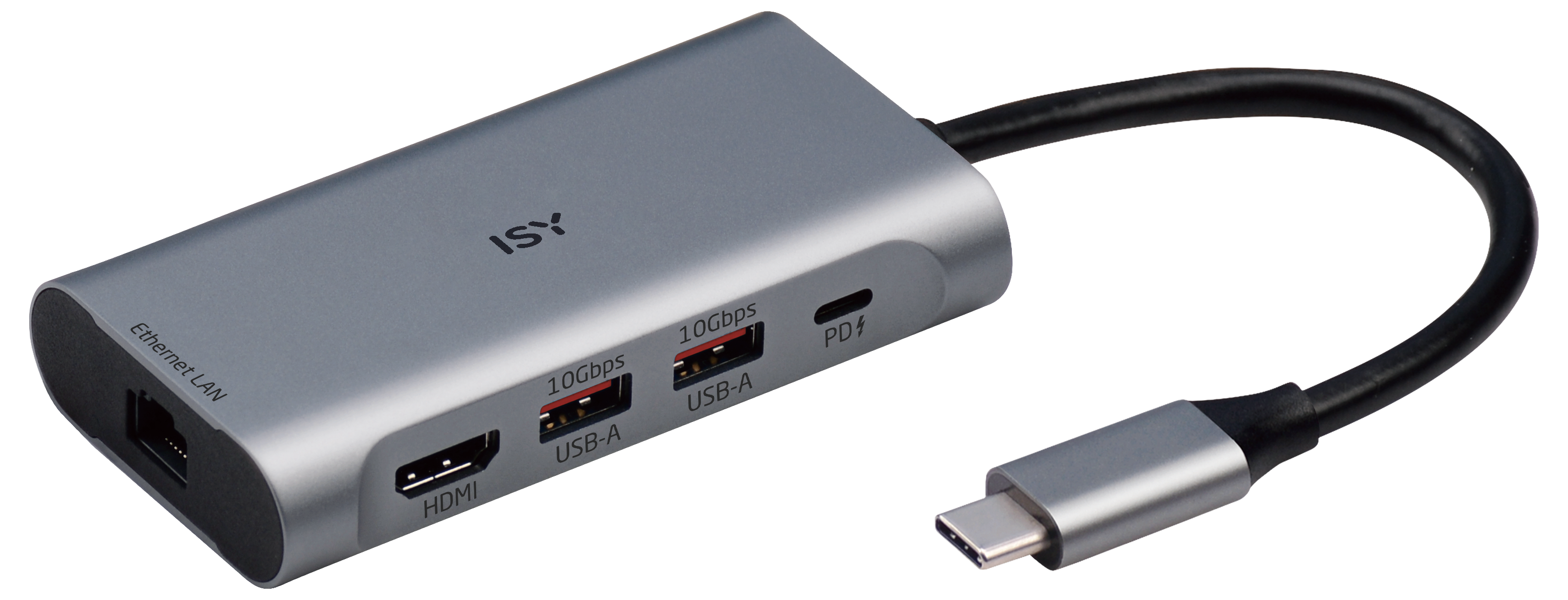 Grauer ISY USB-C Hub mit Ethernet, HDMI, zwei USB-A und einem PD-Anschluss auf schwarzem Hintergrund.