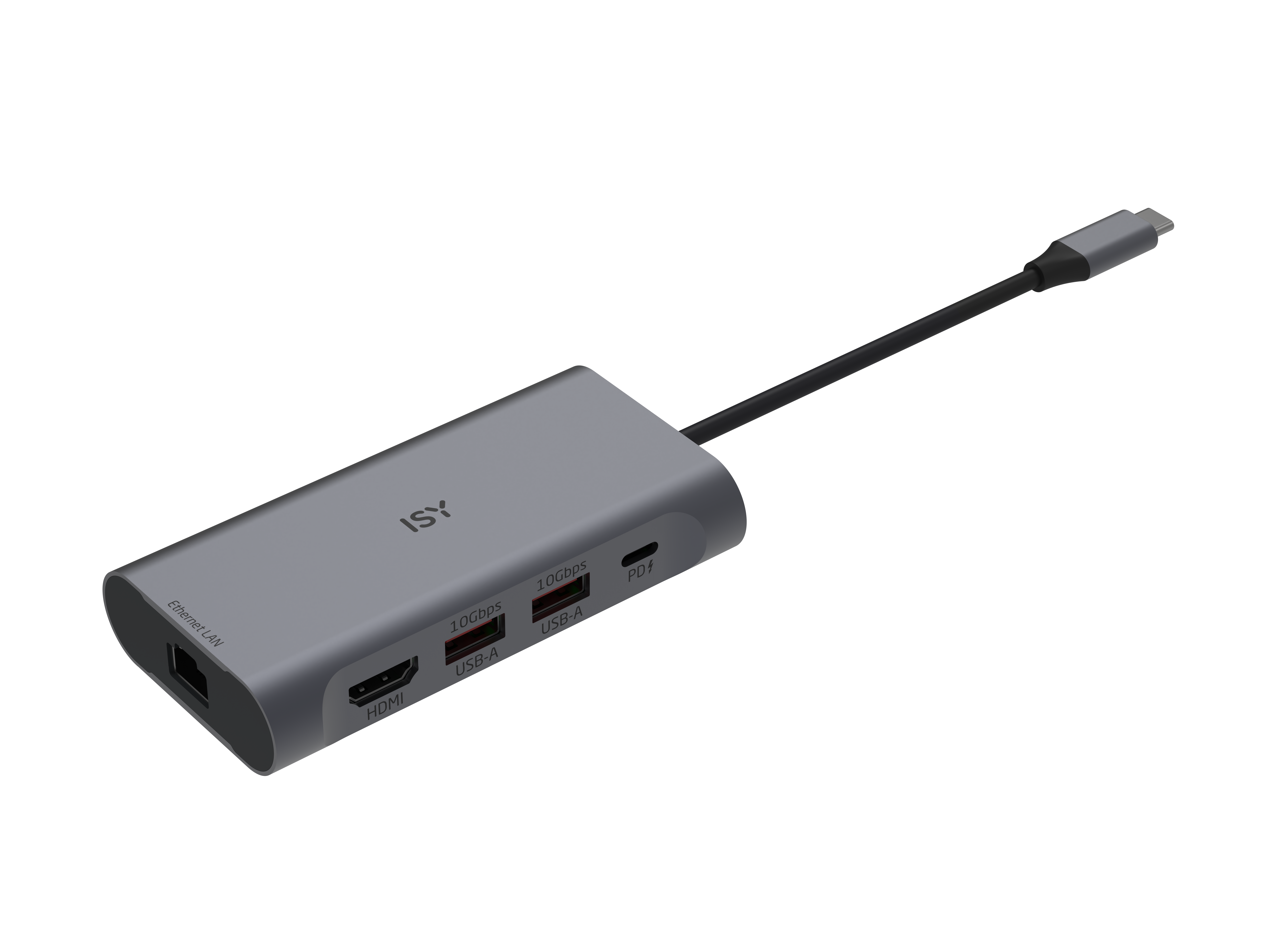 Ein grauer ISY USB-C Hub mit Ethernet, HDMI, zwei USB-A Anschlüssen und USB-C PD auf schwarzem Hintergrund.