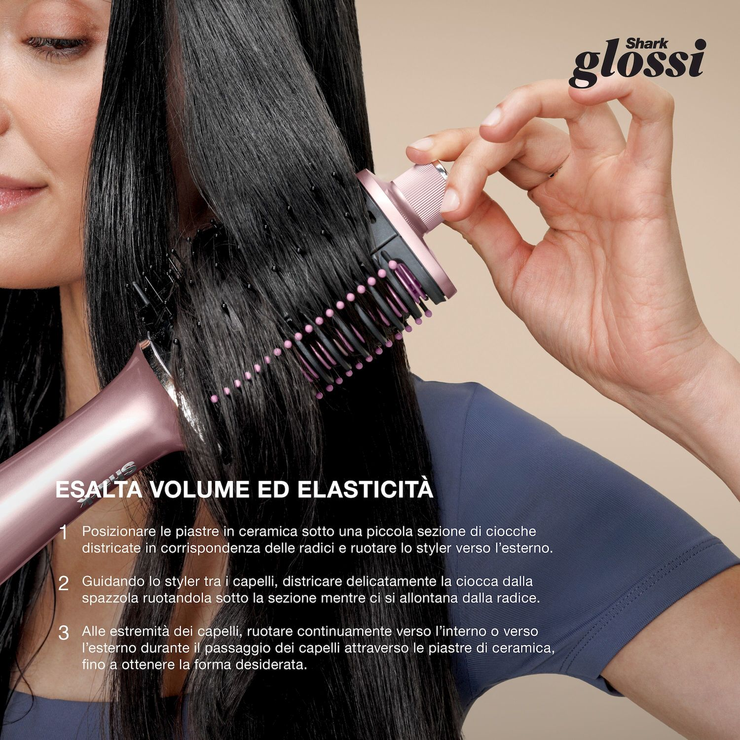 Una persona usa una spazzola lisciante rosa sui capelli neri lunghi. Il testo fornisce istruzioni.