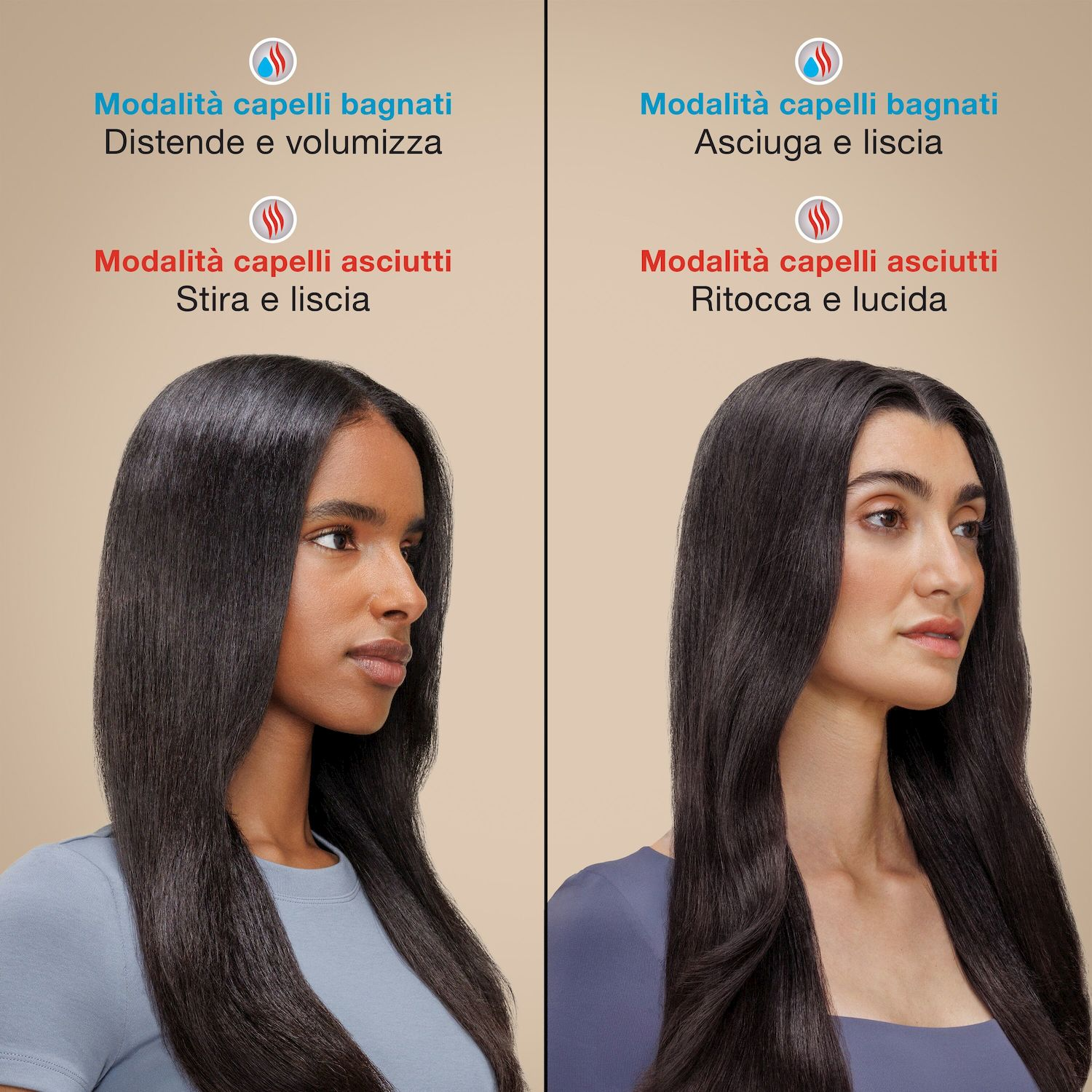 Confronto delle modalità di styling per capelli bagnati e asciutti su due donne con capelli lisci e scuri.