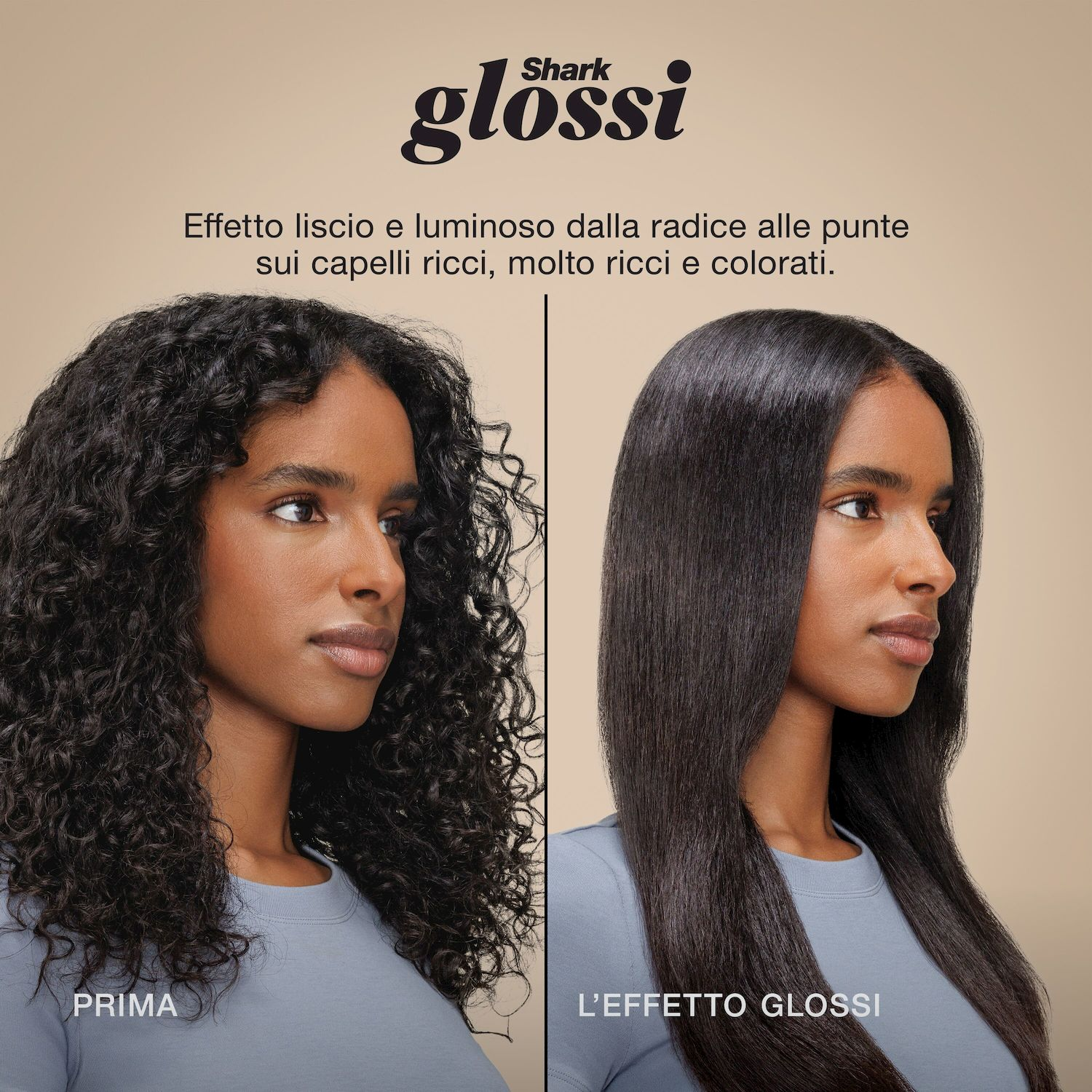 Immagine di confronto: a sinistra capelli scuri ricci, a destra gli stessi capelli lisci e lucidi.