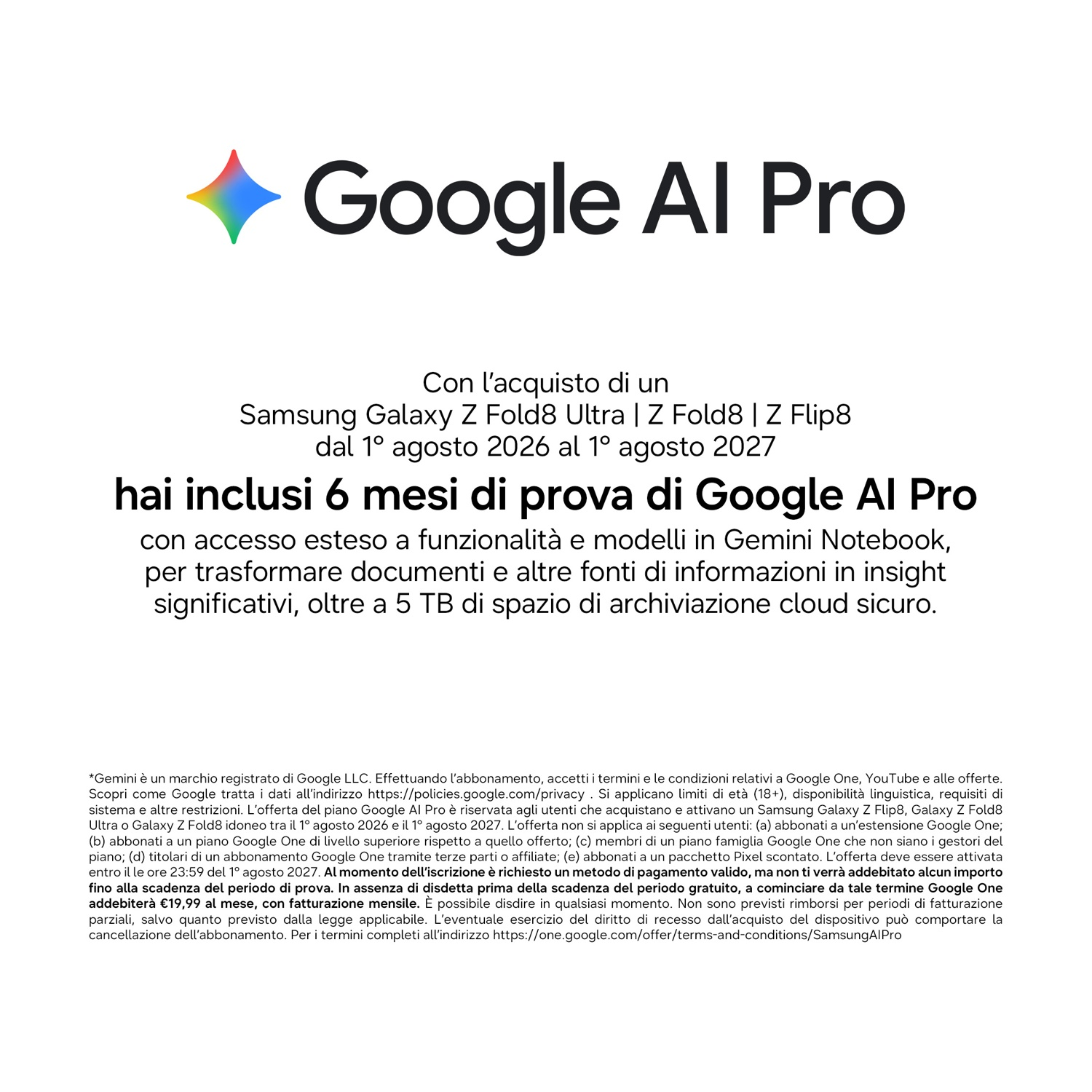 Pubblicità di Google AI Pro con Samsung Galaxy e 6 mesi di prova.