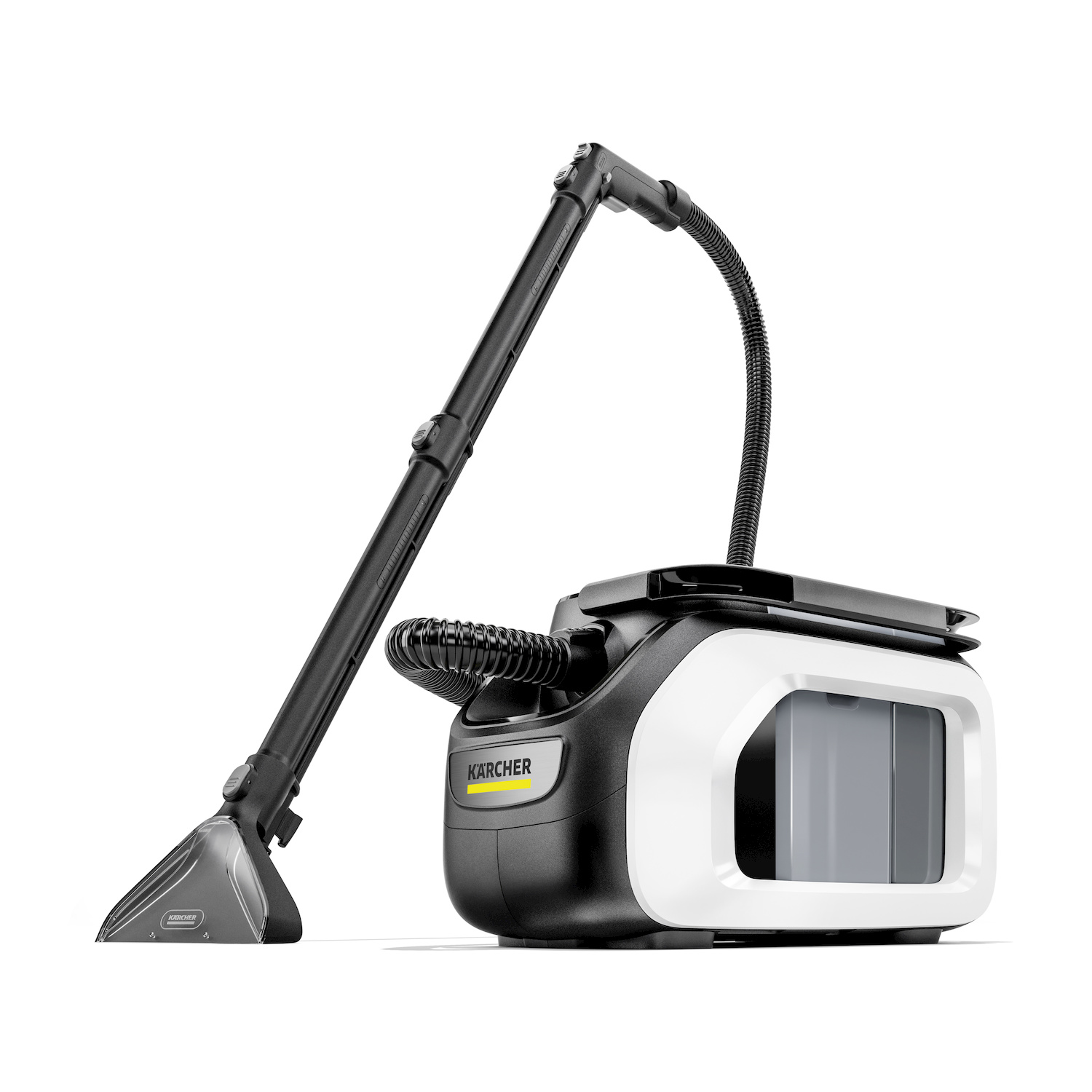 Un aspirapolvere Kärcher bianco e nero con un tubo lungo su sfondo bianco.