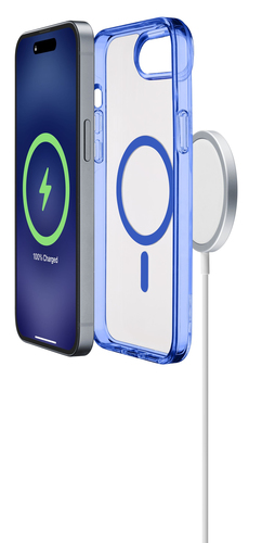 Smartphone con animación de carga, funda protectora azul y cargador inalámbrico sobre fondo blanco.