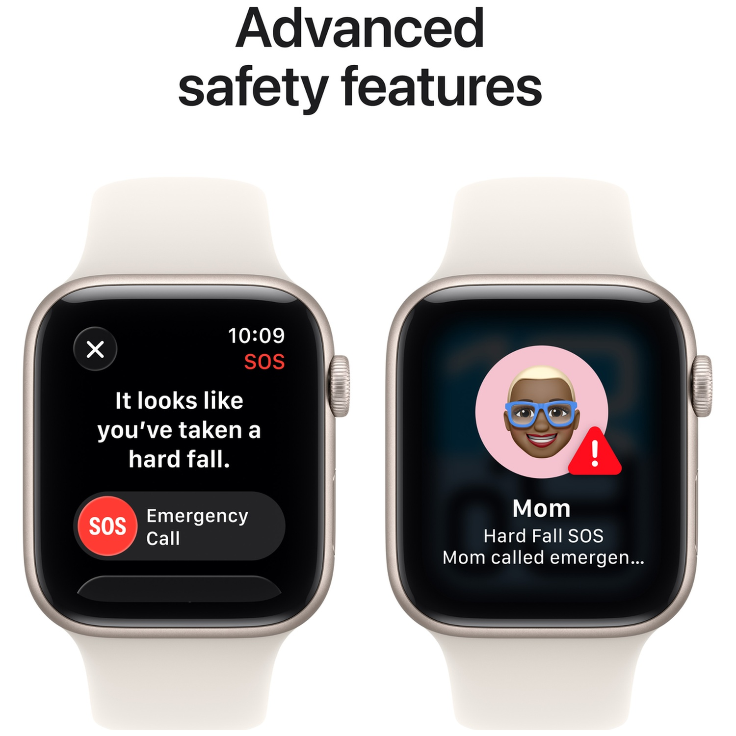 Two smartwatches displaying safety features, with emergency call prompts and contact notification for a hard fall.