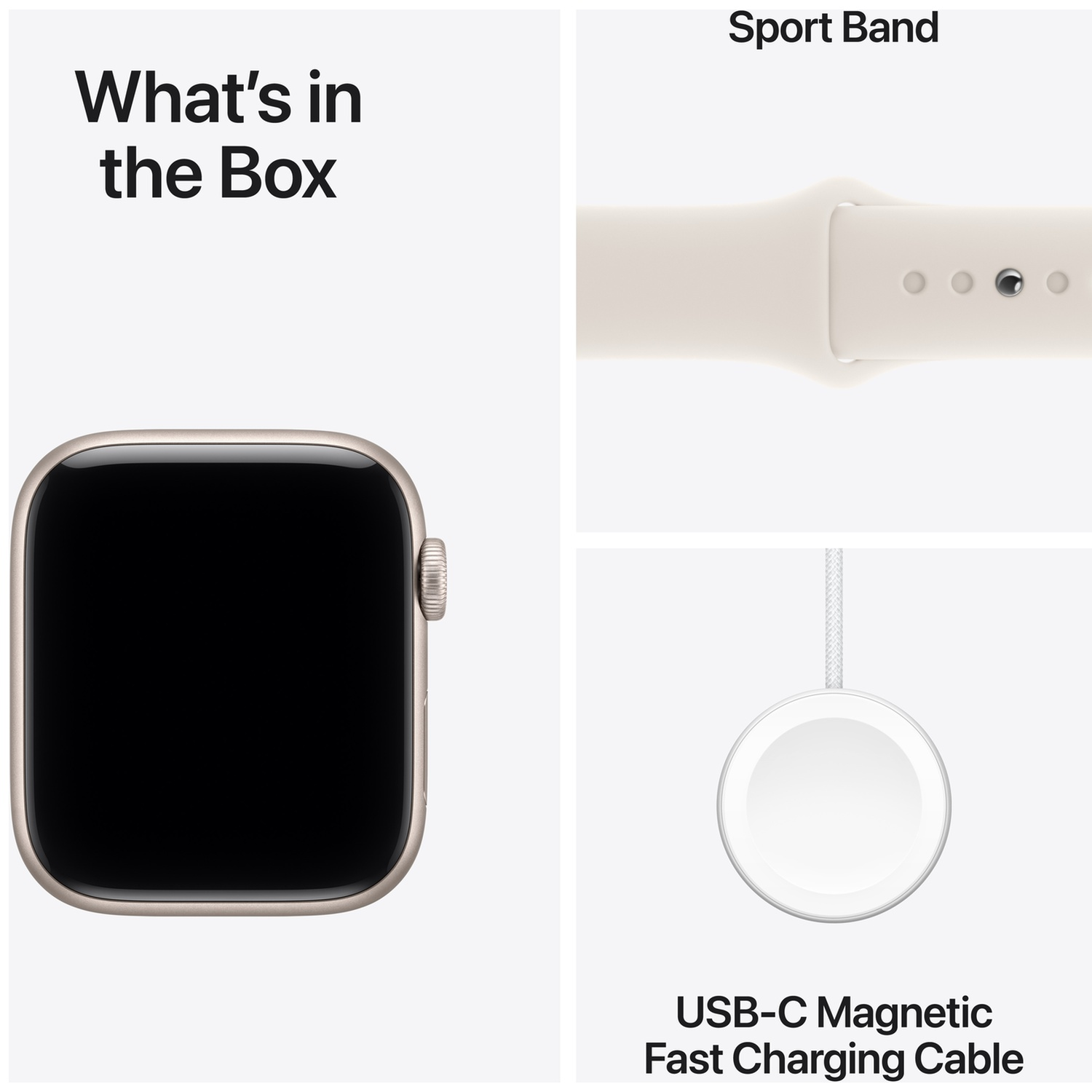 What is in the box: an Apple Watch, sport band, and a USB-C magnetic fast charging cable.