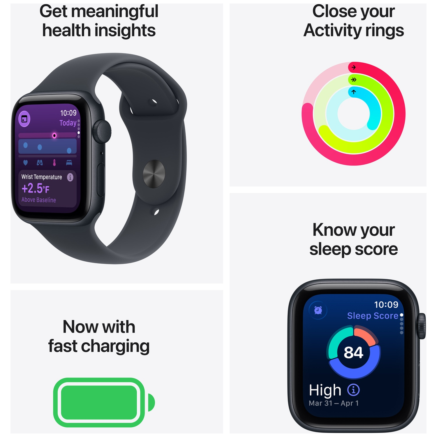 An Apple Watch displaying health metrics, activity rings, sleep score, and fast charging status against a white background.