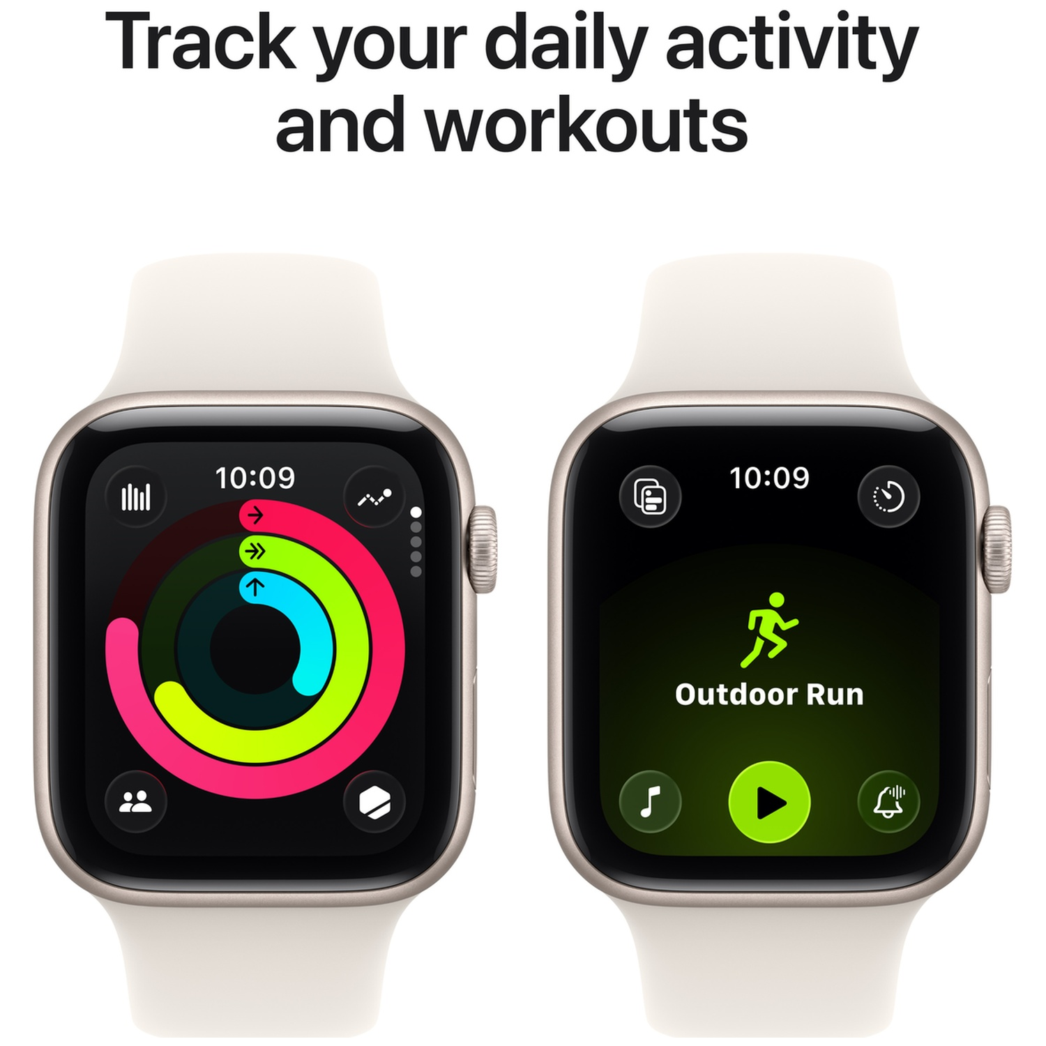 Two smartwatches displaying daily activity rings and workout tracking interfaces.