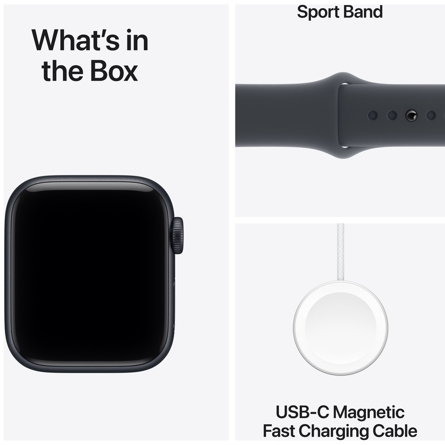 Contents: Apple Watch, sport band, and USB-C magnetic fast charging cable on white.