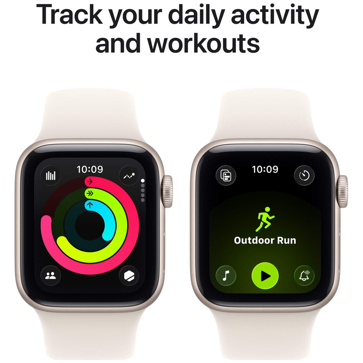 Two smartwatches displaying activity rings and the Outdoor Run app below the heading Track your daily activity and workouts.