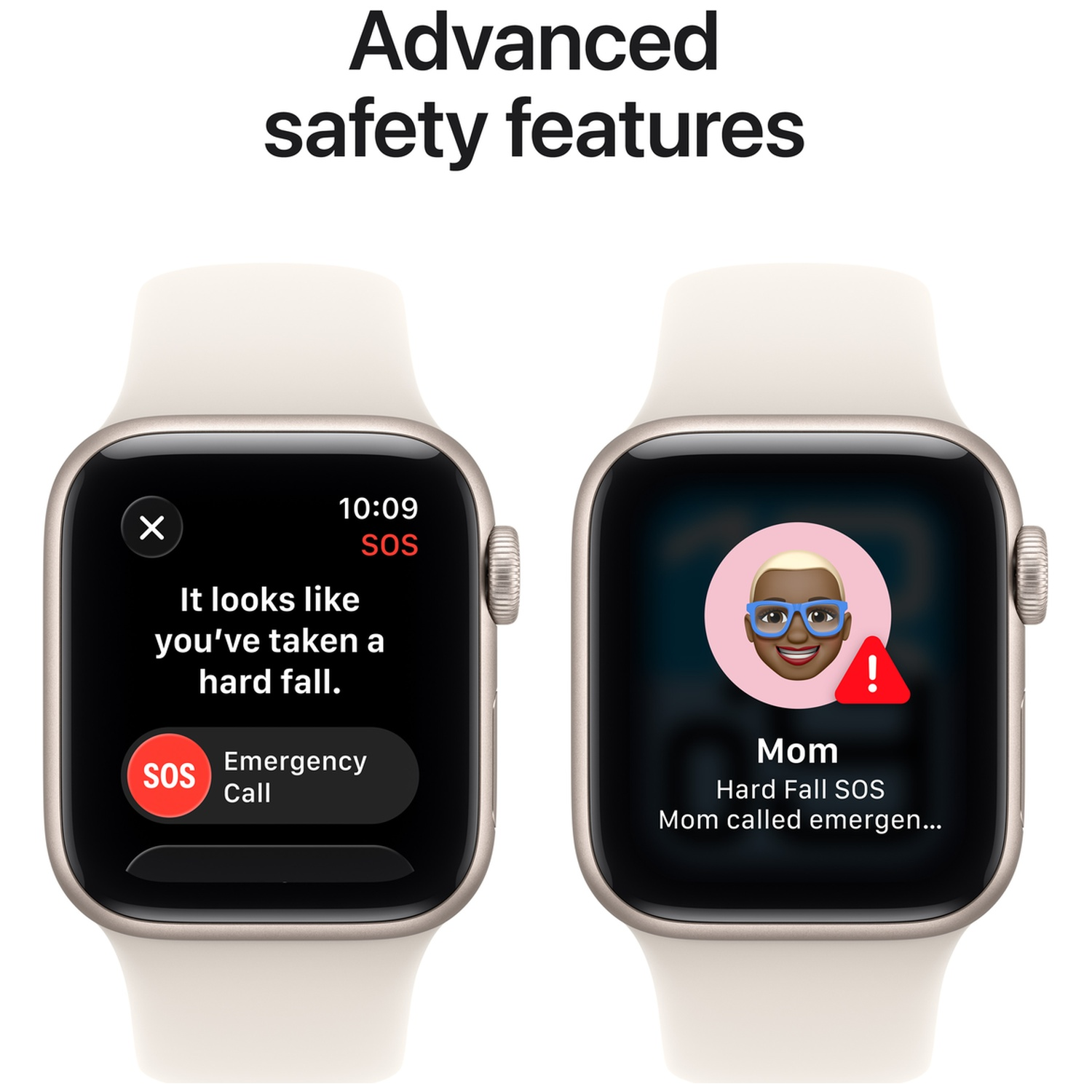 Two smartwatches displaying fall detection and SOS emergency call features.