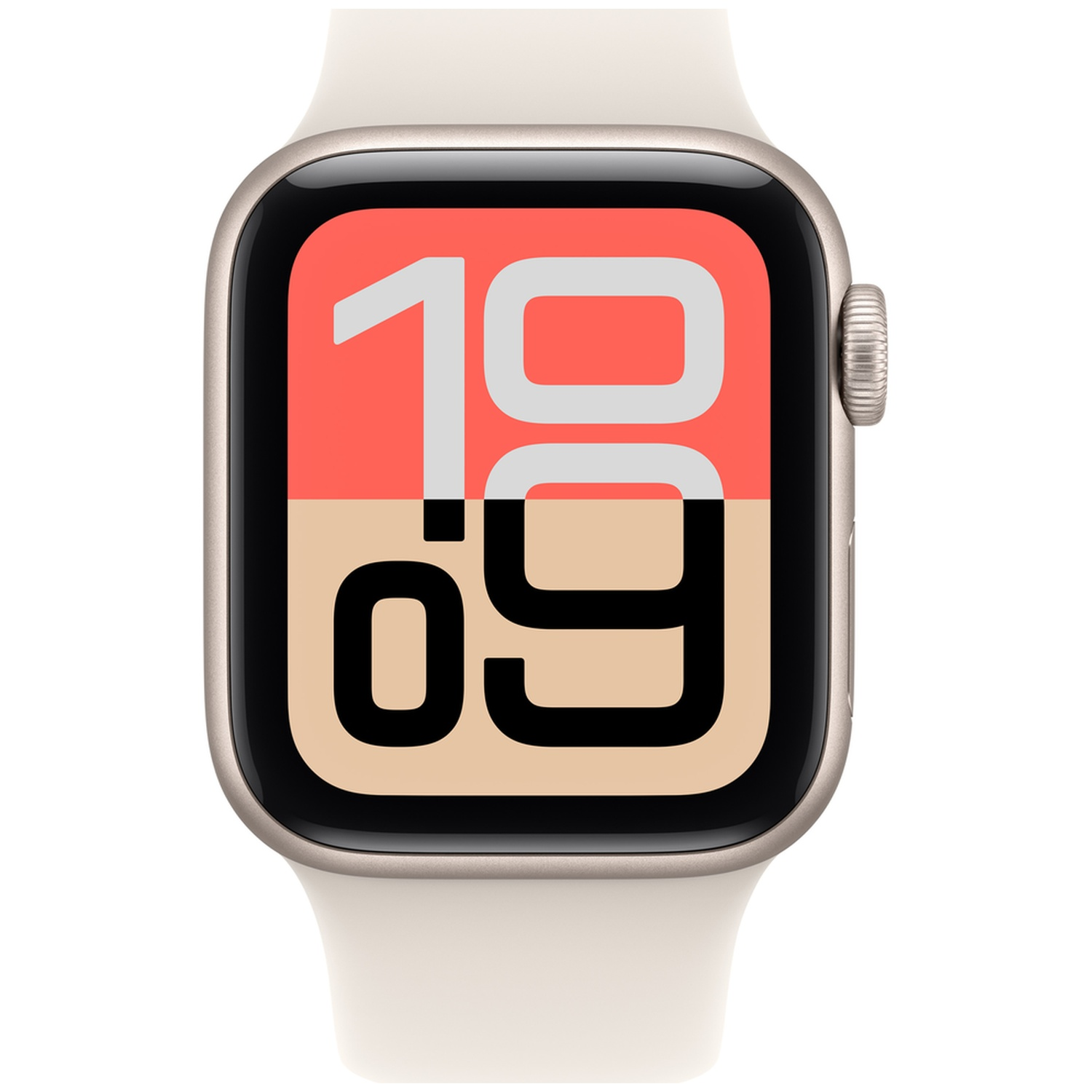 An Apple Watch with a white band displays a red and beige watch face with large numbers.