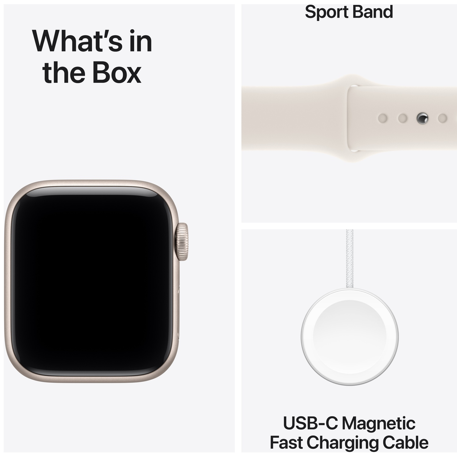 What's in the Box shows an Apple Watch, Sport Band, and USB-C Magnetic Fast Charging Cable.