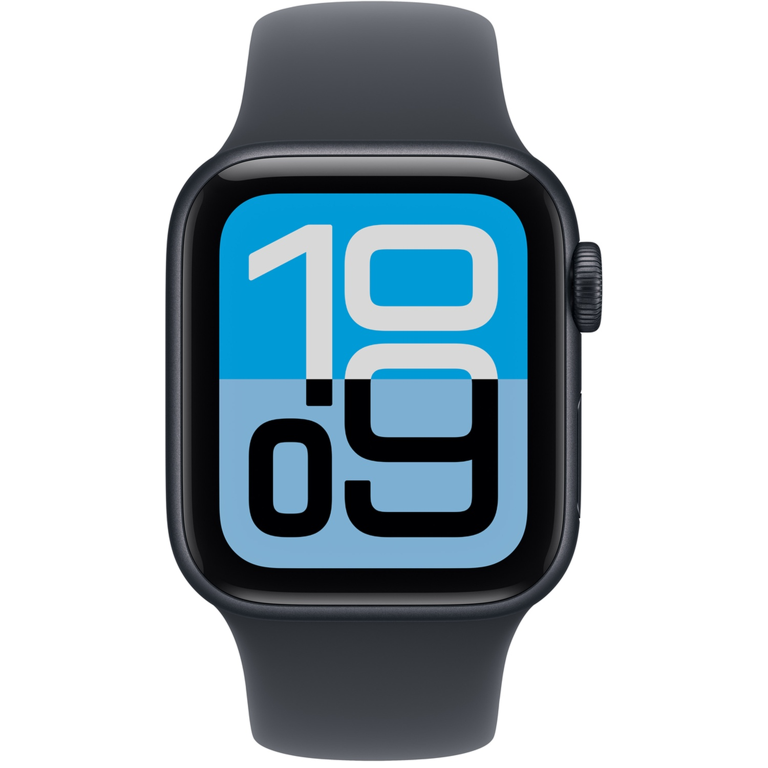 A black smartwatch with a blue screen displaying large white and black numerals.