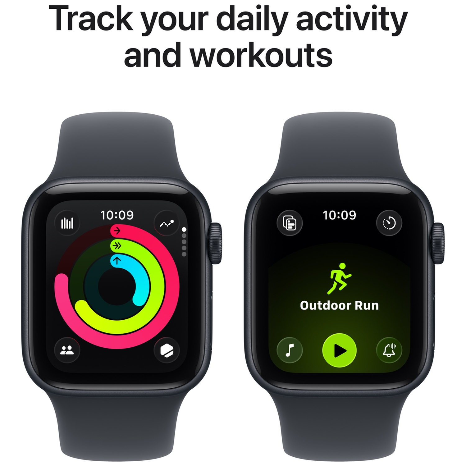 Two black smartwatches display fitness activity rings and the workout app for outdoor running.