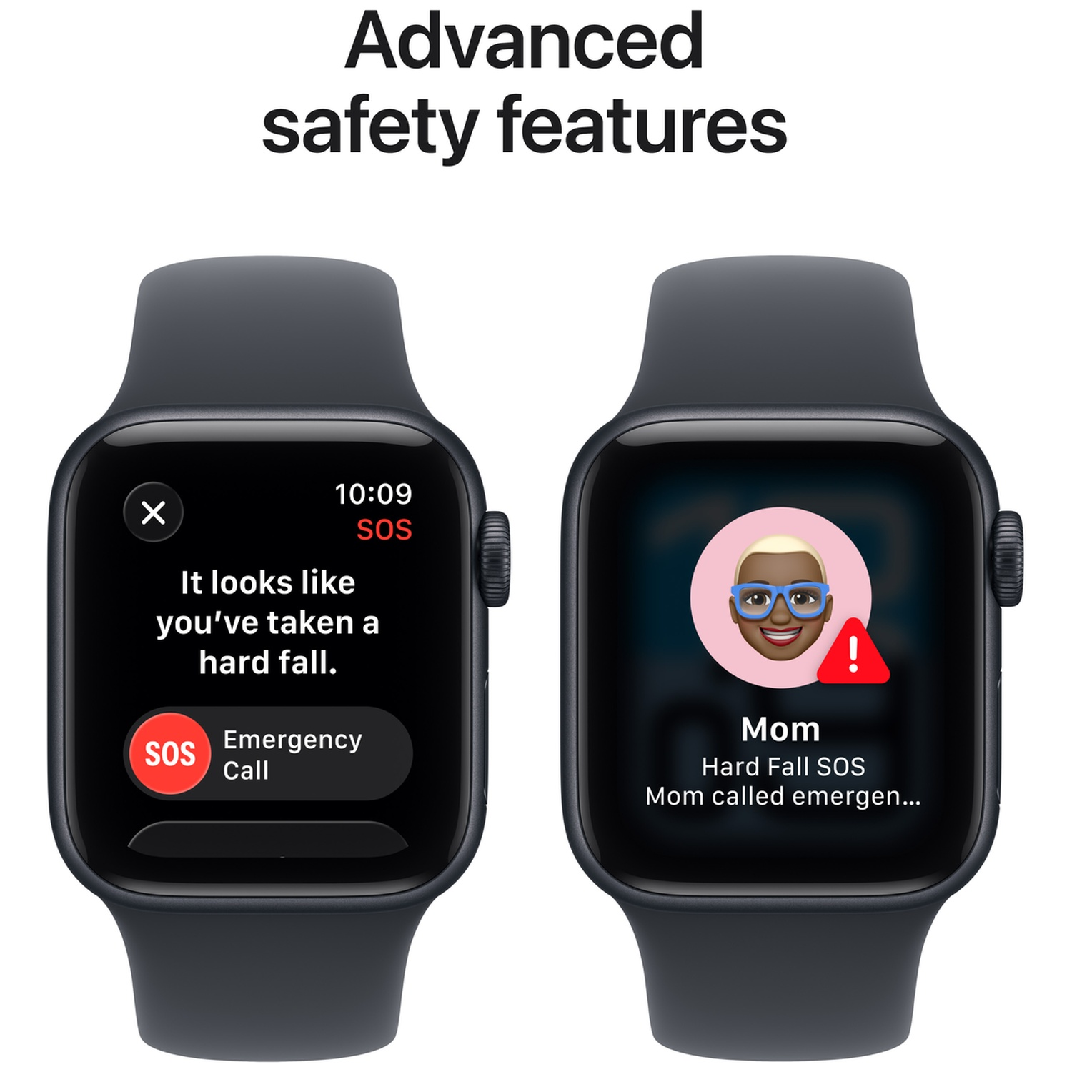 Two smartwatch screens display hard fall safety features and an emergency call.