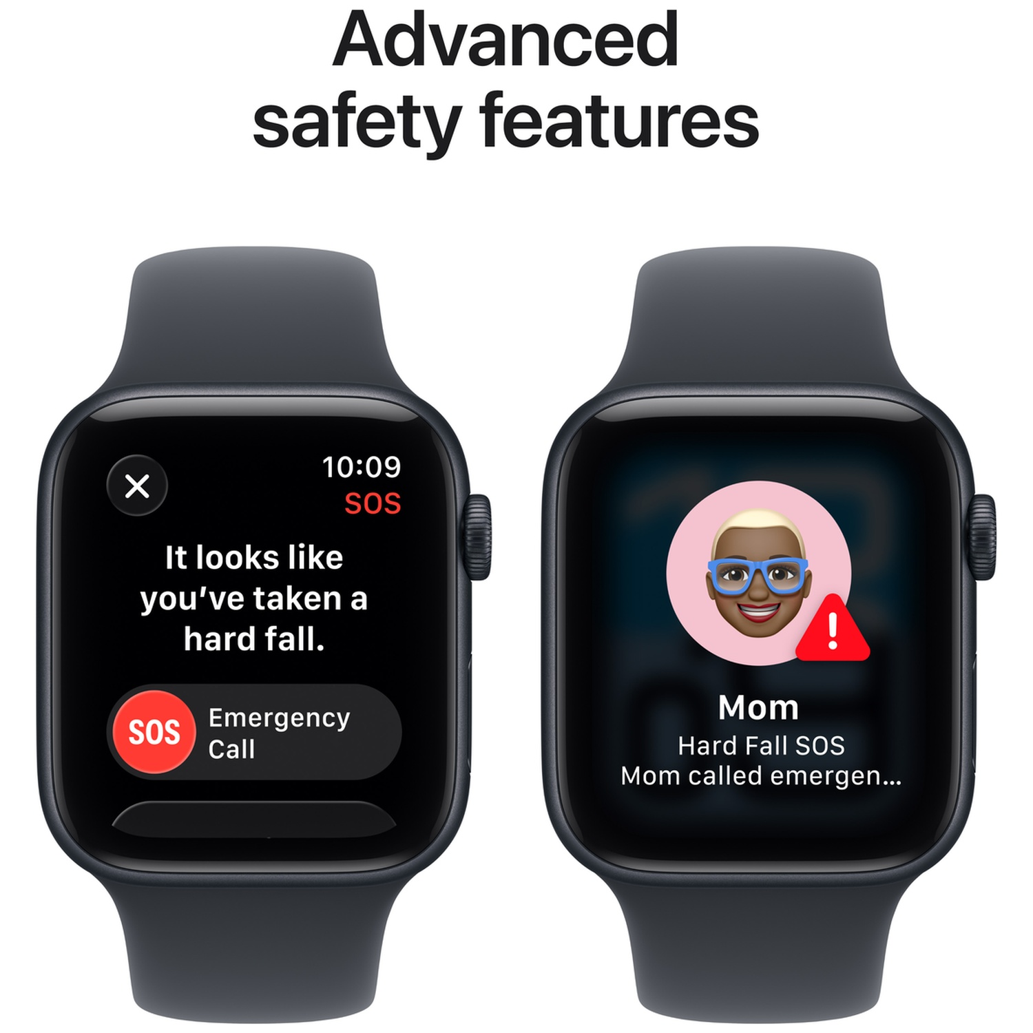 Two smartwatches display emergency and fall detection features with text and an avatar.
