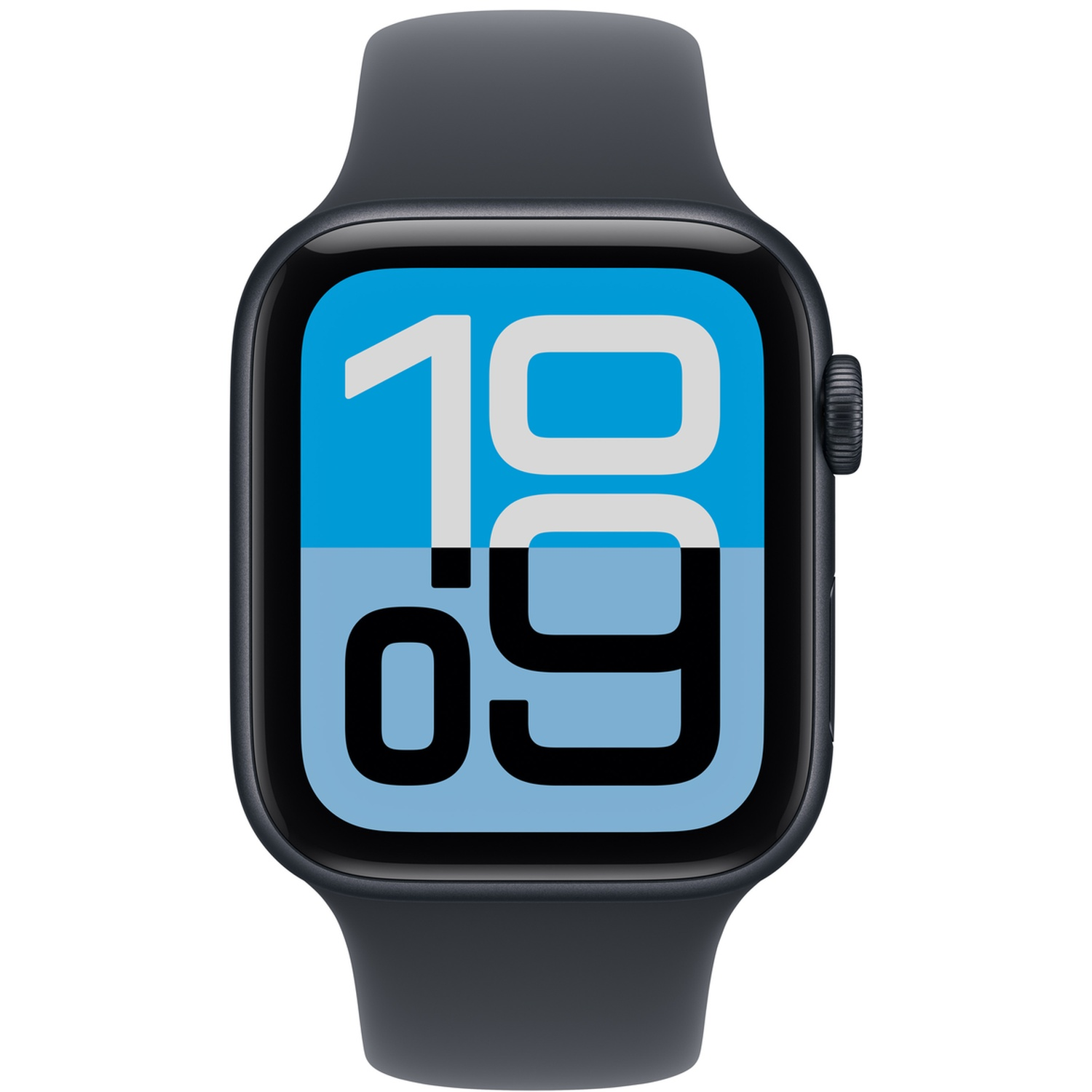 Black smartwatch with blue display showing large numbers 10 and 09 against a light background.