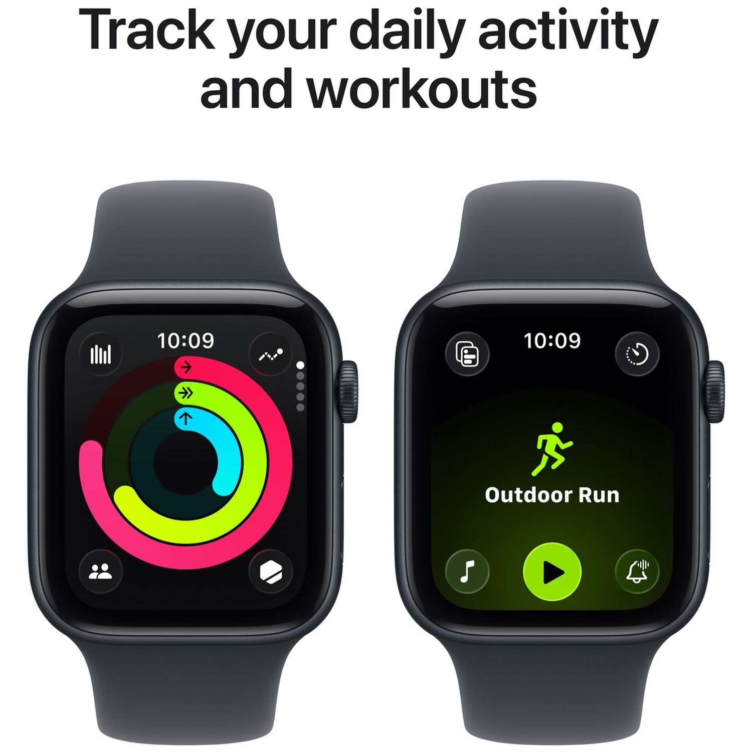 Two black smartwatches display activity rings and workout options.