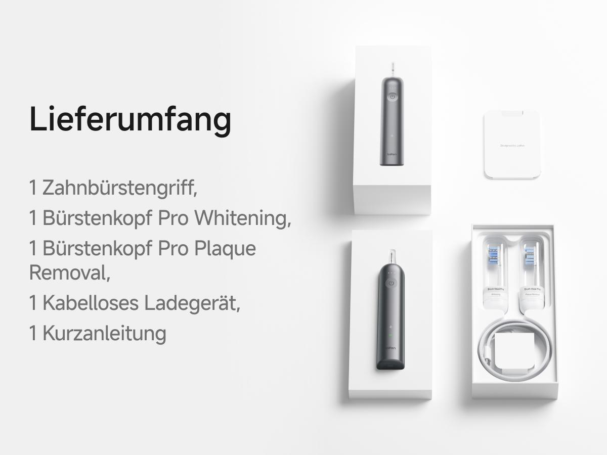 Lieferumfang einer Zahnbürste mit Griff, zwei Köpfen, Ladegerät und Anleitung.