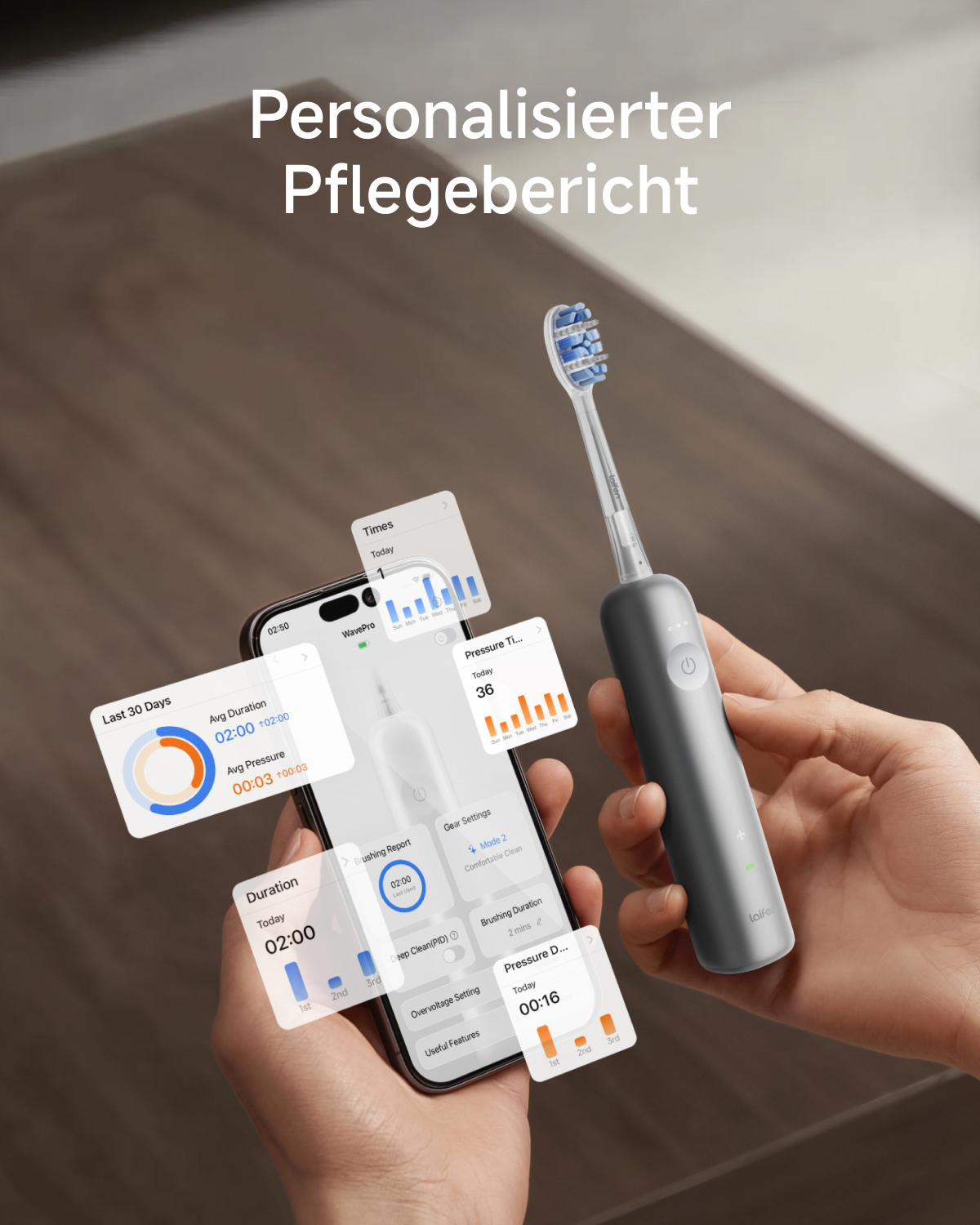 Personalisierter Pflegebericht: Hände halten eine graue elektrische Zahnbürste und ein Smartphone mit App-Statistiken.