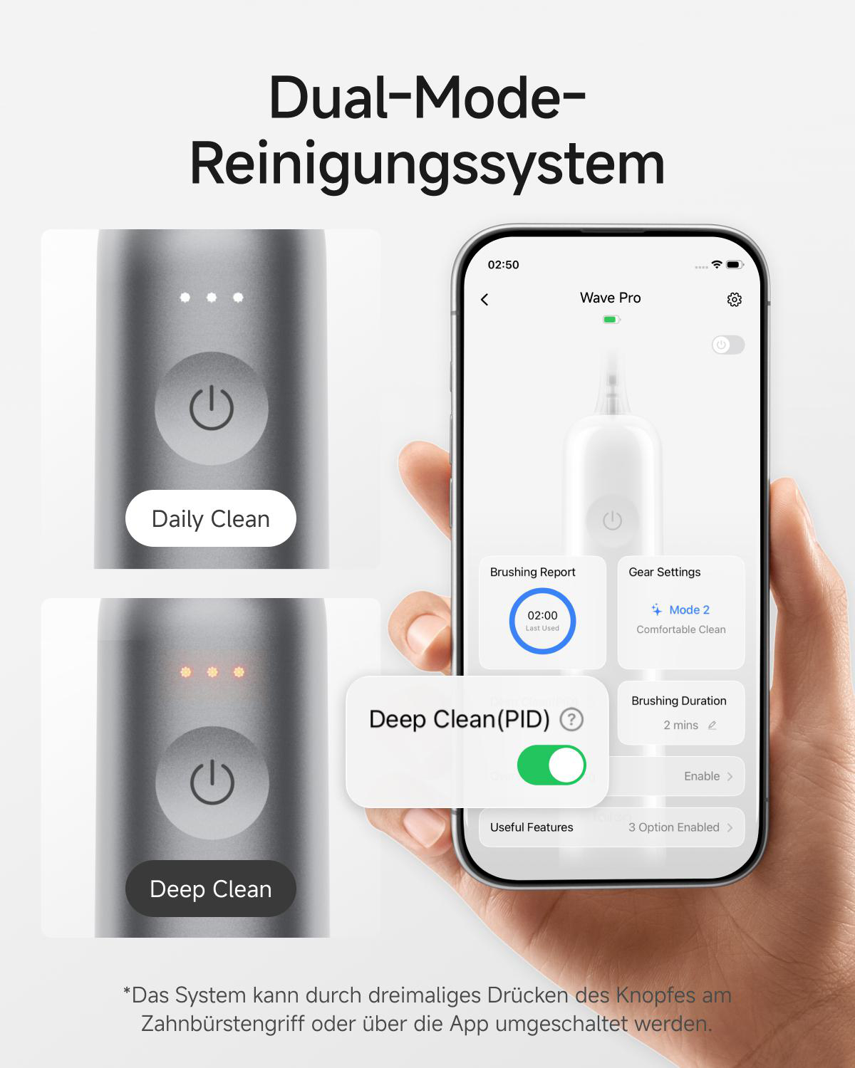 Hand hält Smartphone mit Zahnputz-App, links Nahaufnahmen des Griffs für Daily Clean und Deep Clean Modus.