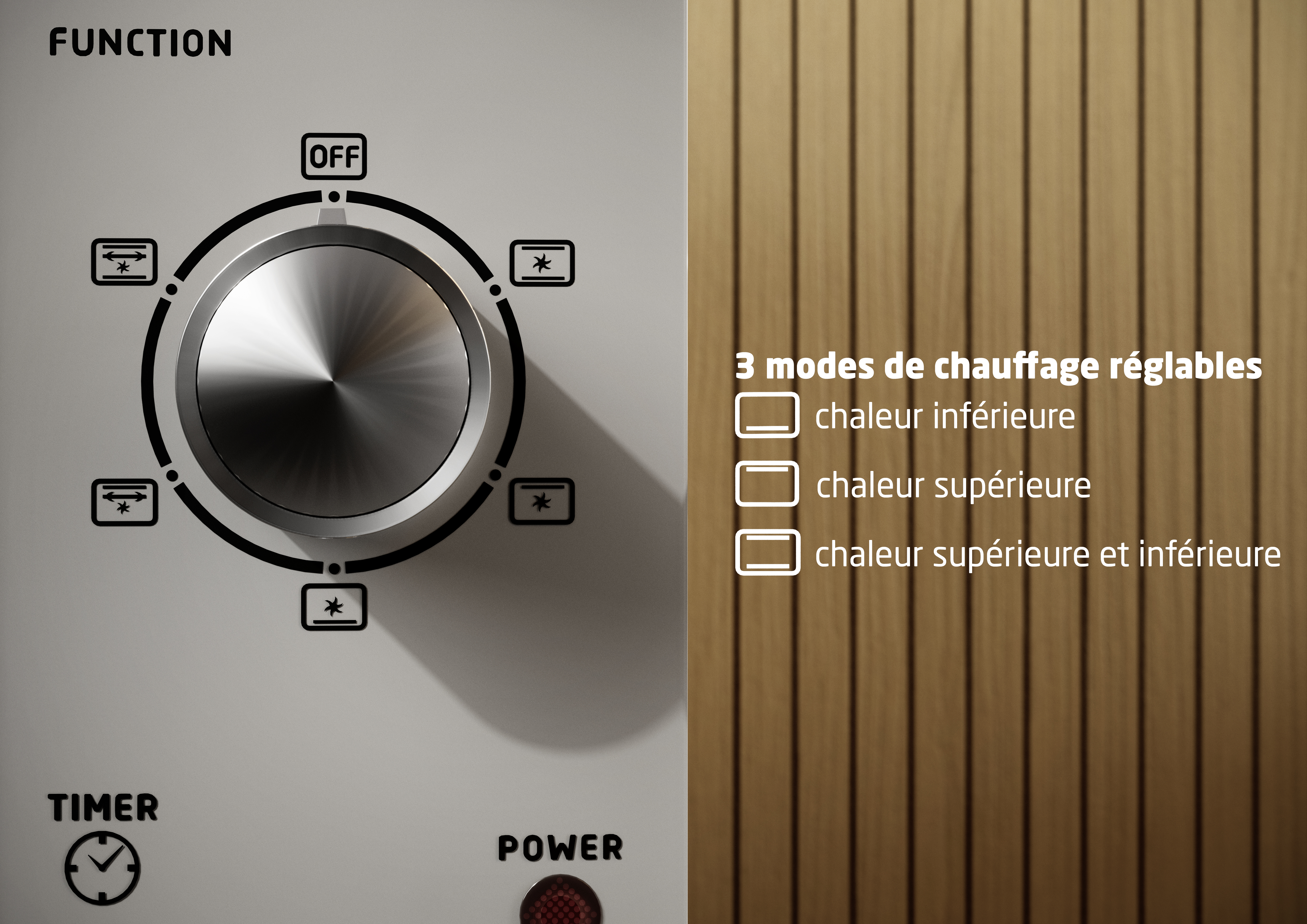 Bouton rotatif argenté avec icônes de fonction de four et texte en français sur fond bois.