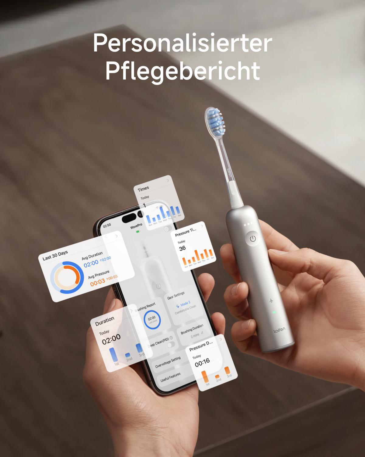 Eine Person hält eine silberne elektrische Zahnbürste und ein Smartphone mit Dental-App-Daten.