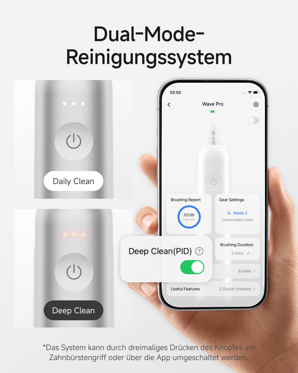 Smartphone zeigt Zahnputz-App mit Dual-Modus-Reinigungssystem neben Bildern eines silbernen Zahnbürstengriffs.