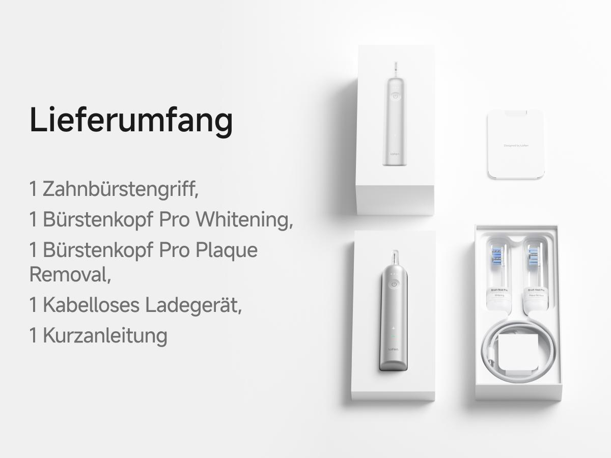 Lieferumfang: Zahnbürstengriff, zwei Bürstenköpfe, kabelloses Ladegerät und Anleitung.