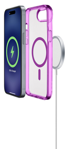 Un teléfono inteligente, una funda MagSafe rosa y un cargador blanco se muestran uno al lado del otro sobre fondo blanco.