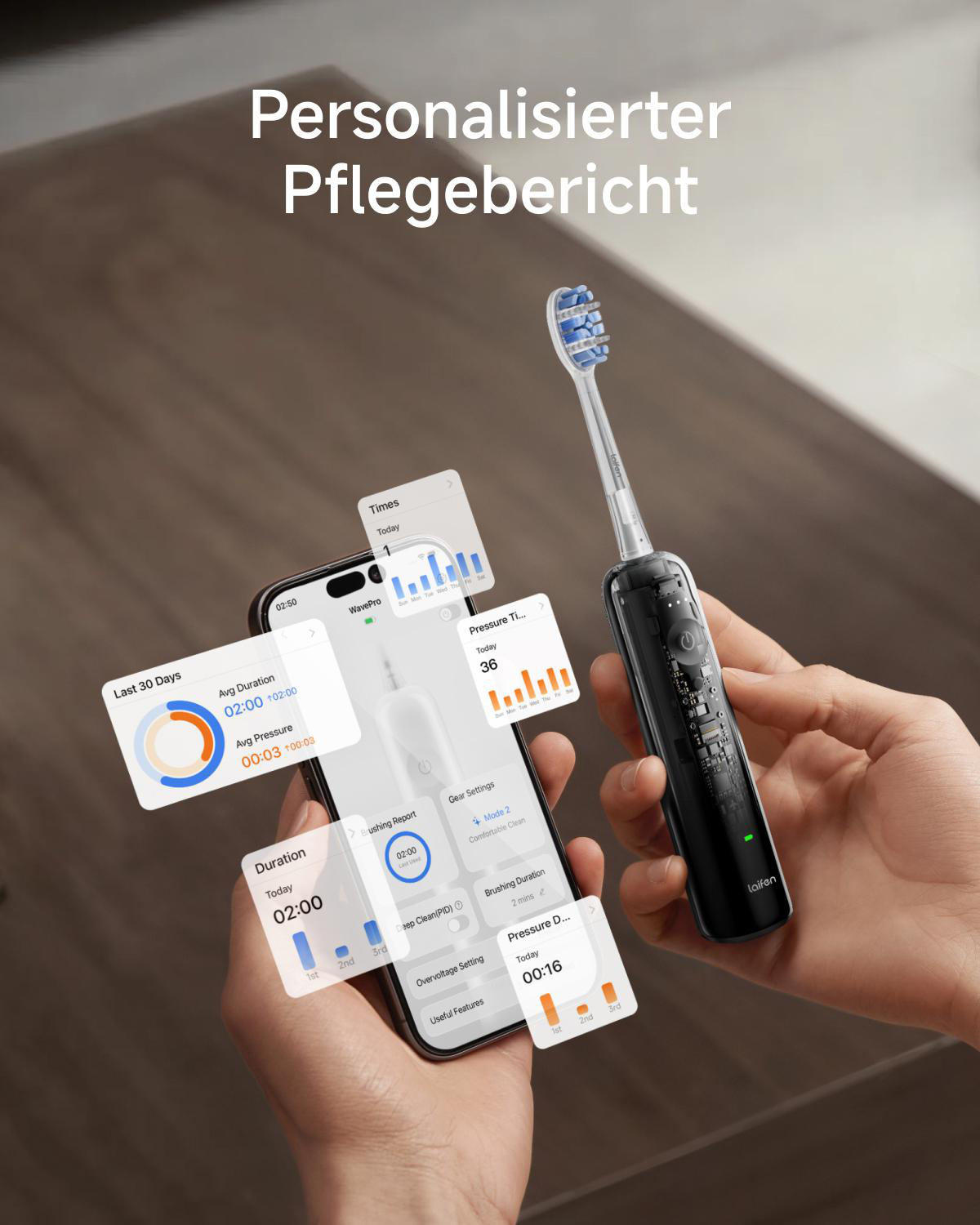 Hand hält eine schwarze elektrische Zahnbürste neben einem Smartphone mit App-Statistiken und Diagrammen.