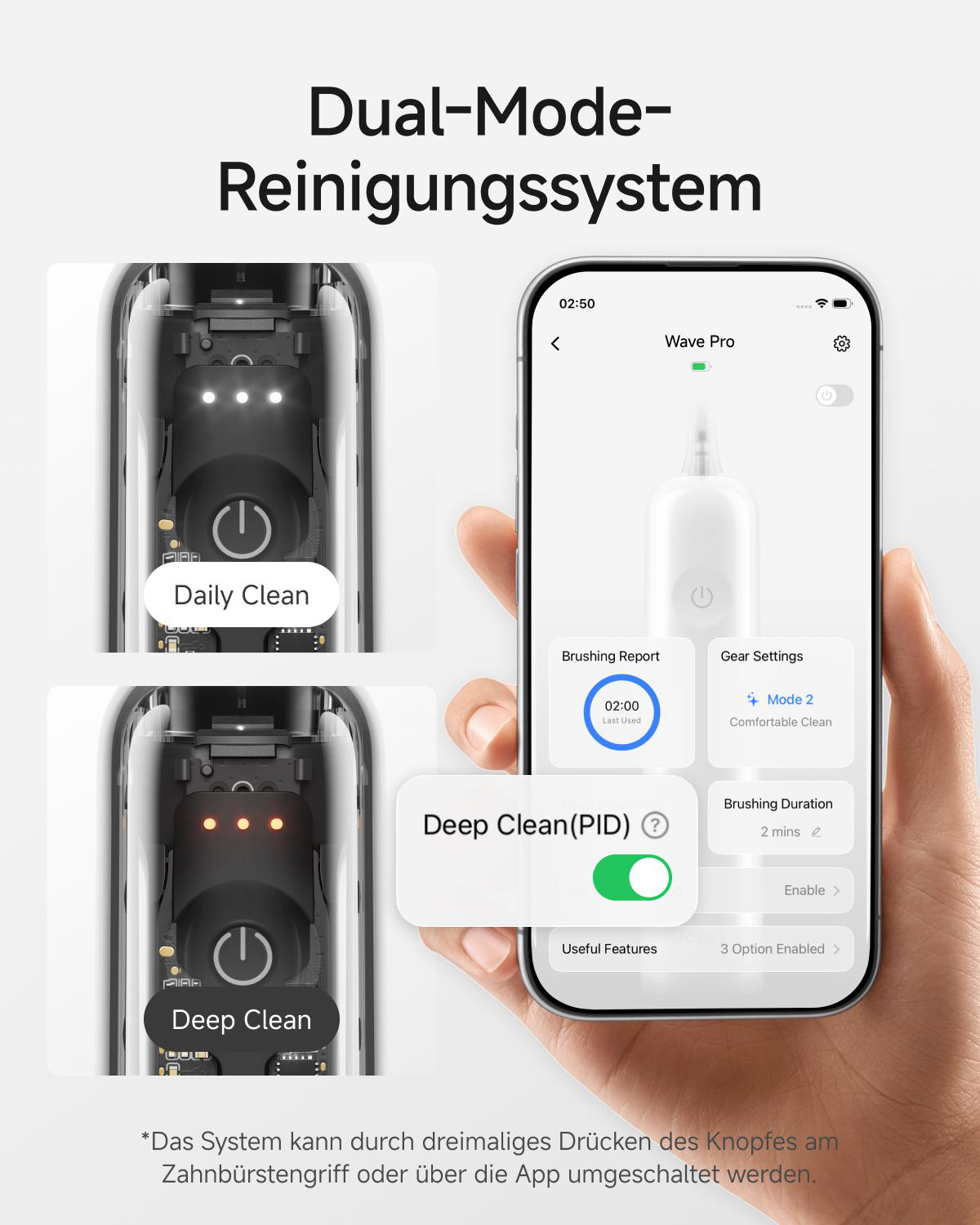 Smartphone-App zeigt Einstellungen und Modi eines elektrischen Zahnbürsten-Reinigungssystems.
