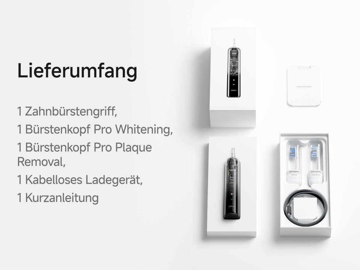 Produktumfang einer elektrischen Zahnbürste mit Griff, Bürstenköpfen, Ladegerät und Anleitung.