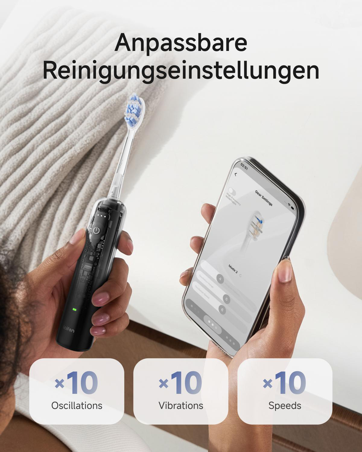 Hand hält eine elektrische Zahnbürste und ein Smartphone mit Einstellungs-App; Text zeigt 10 Stufen.