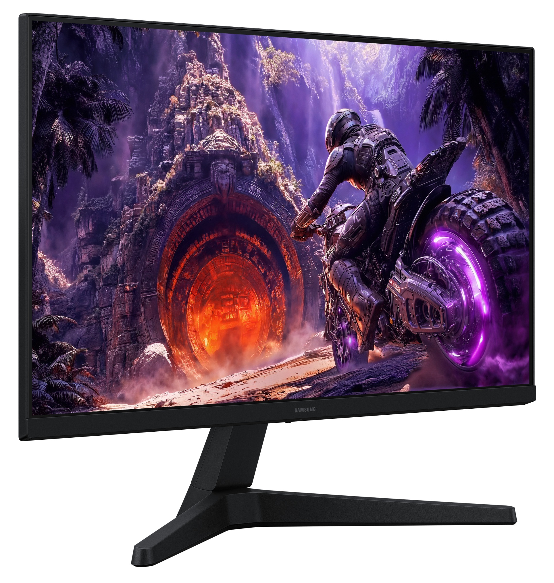 Monitor Samsung wyświetla futurystyczną scenę z motocyklistą przed oświetlonym wejściem do jaskini.