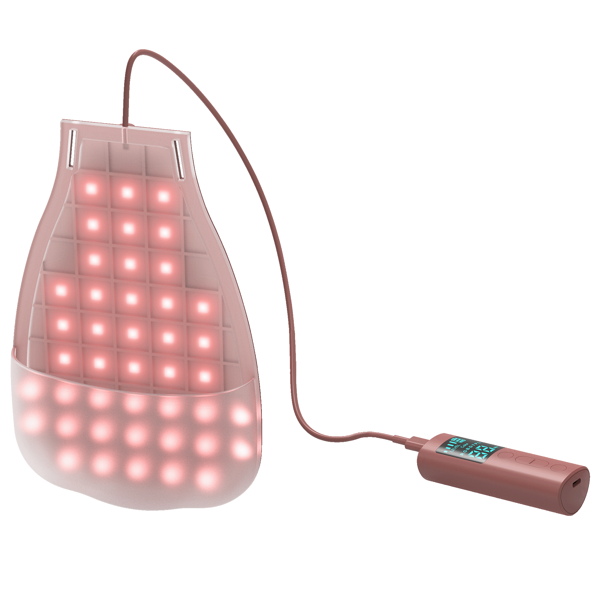 Rózsaszín LED-es fényterápiás készülék világító diódákkal és csatlakoztatott vezérlővel fekete háttér előtt.