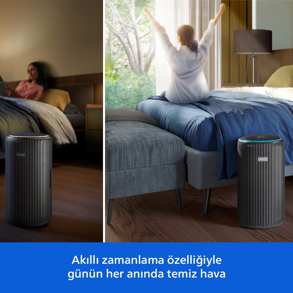 Yatak odasında Philips hava temizleyici, gündüz esneyen kadınla, gece ışıklı halkayla.