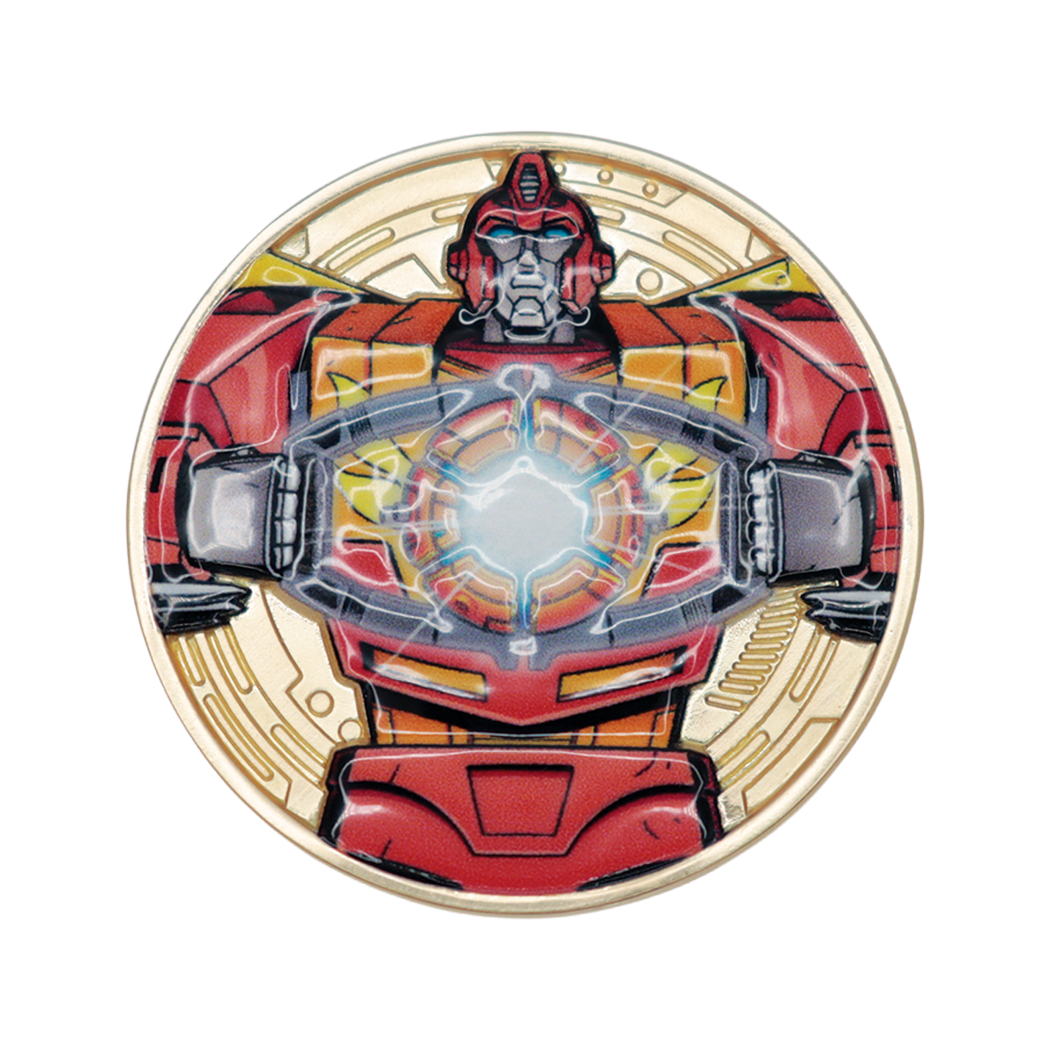 Medalla redonda de oro con un robot rojo y amarillo que sostiene un artefacto brillante.