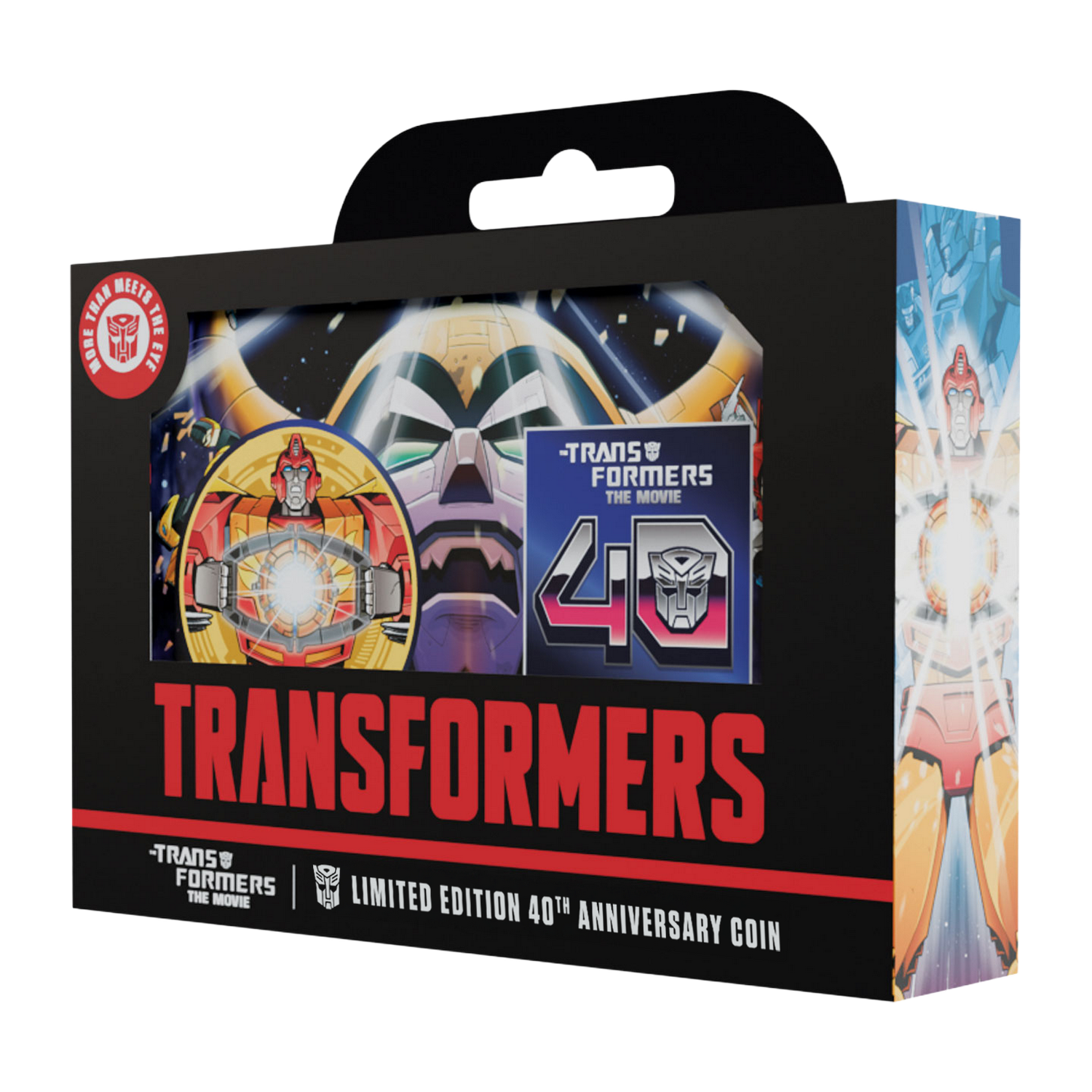 Caja negra de moneda del 40 aniversario de Transformers con Unicron, Hot Rod y gráficos.