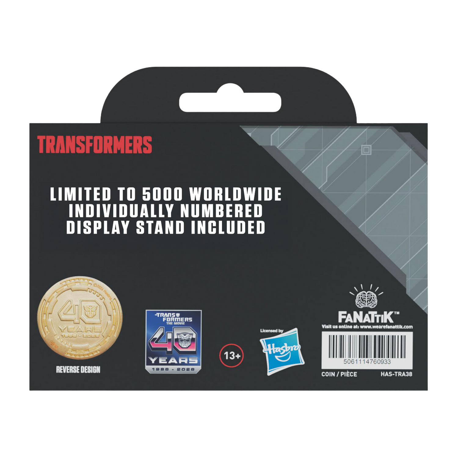 Parte trasera del embalaje de moneda Transformers 40 Años con texto, diseño de moneda dorada y logotipos sobre fondo oscuro.