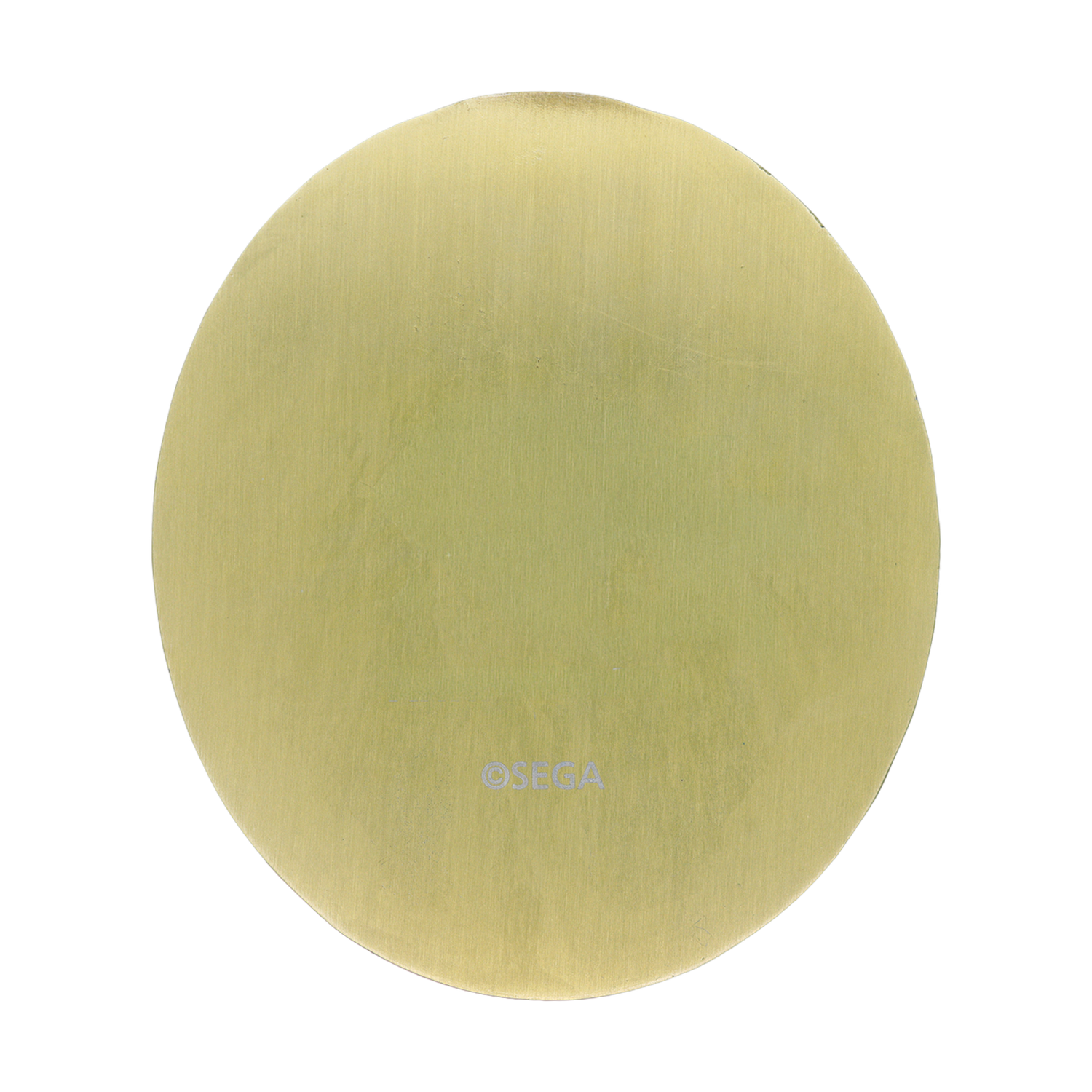 Una moneda redonda de color dorado con textura fina y el logotipo de SEGA abajo sobre un fondo negro.