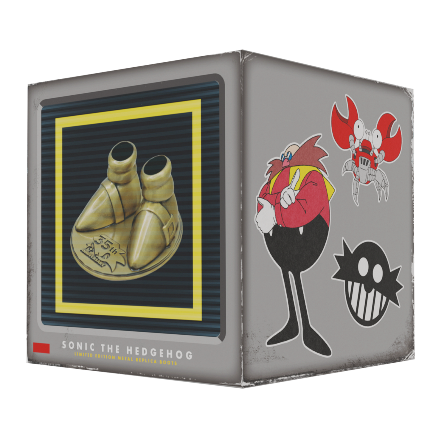 Una caja de Sonic The Hedgehog muestra botas doradas en el frente y arte de Dr. Eggman en el lateral.
